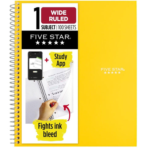 Five Star Spiral Notebook + Study App, 1 Subject, Wide Ruled Paper, 8" x 10-1/2", 100 Sheets, Fights Ink Bleed, Water Resistant Cover, White (72877)