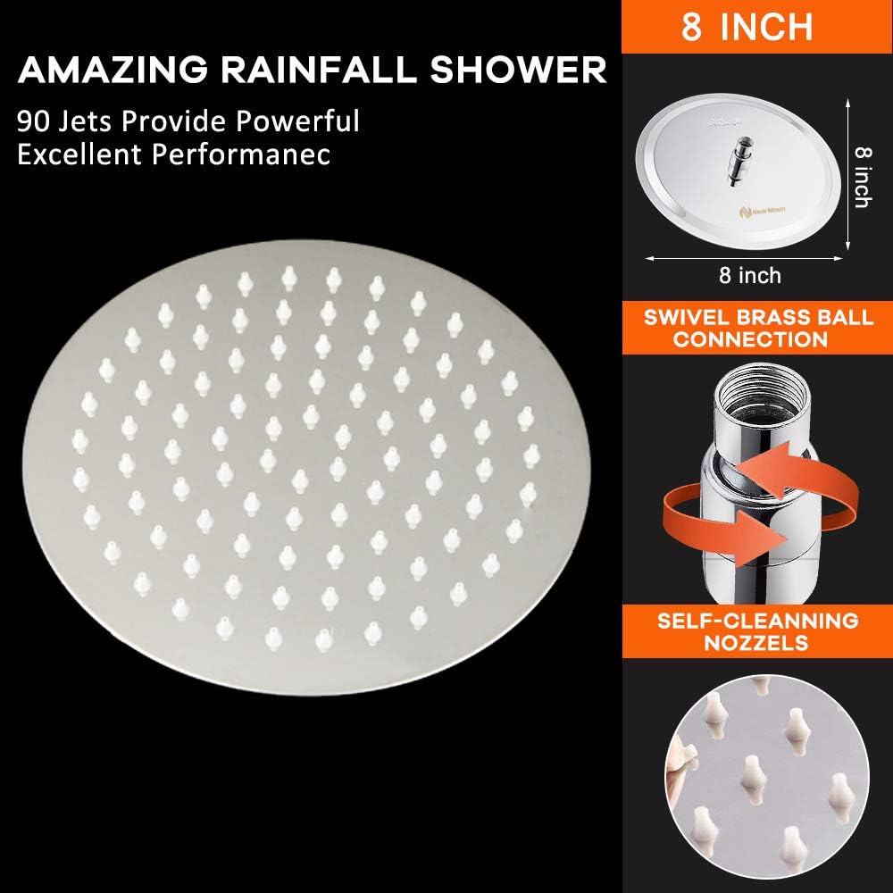 NearMoon Rain Shower Head, Ultra-Thin Design-Pressure Boosting, Awesome Some Experience, High Flow Stainless Steel Rainfall Head (8 Inch,Chrome Finish)