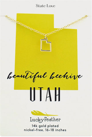 Lucky Feather State Shaped Necklace | 14k Gold-Dipped Pendant Necklace | Easter Basket Stuffer | State Love Fashion Jewelry For Women | Dainty Necklace For Women | Great Gift Idea