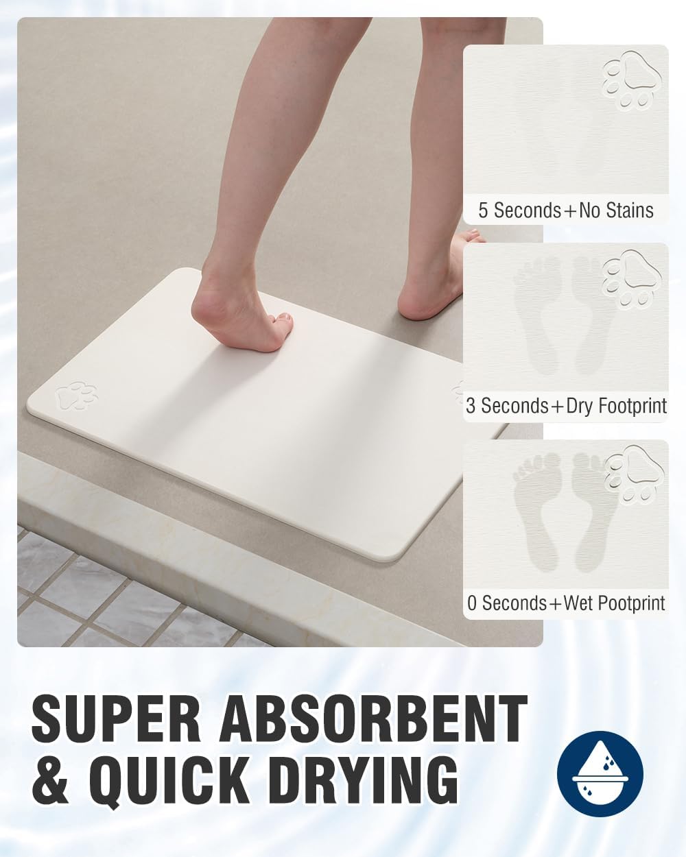 AMOAMI Upgraded Waffle Bath Mat, Super Absorbent Non Slip Bath Mats for Bathroom Floor, 16" x 24", Warm White