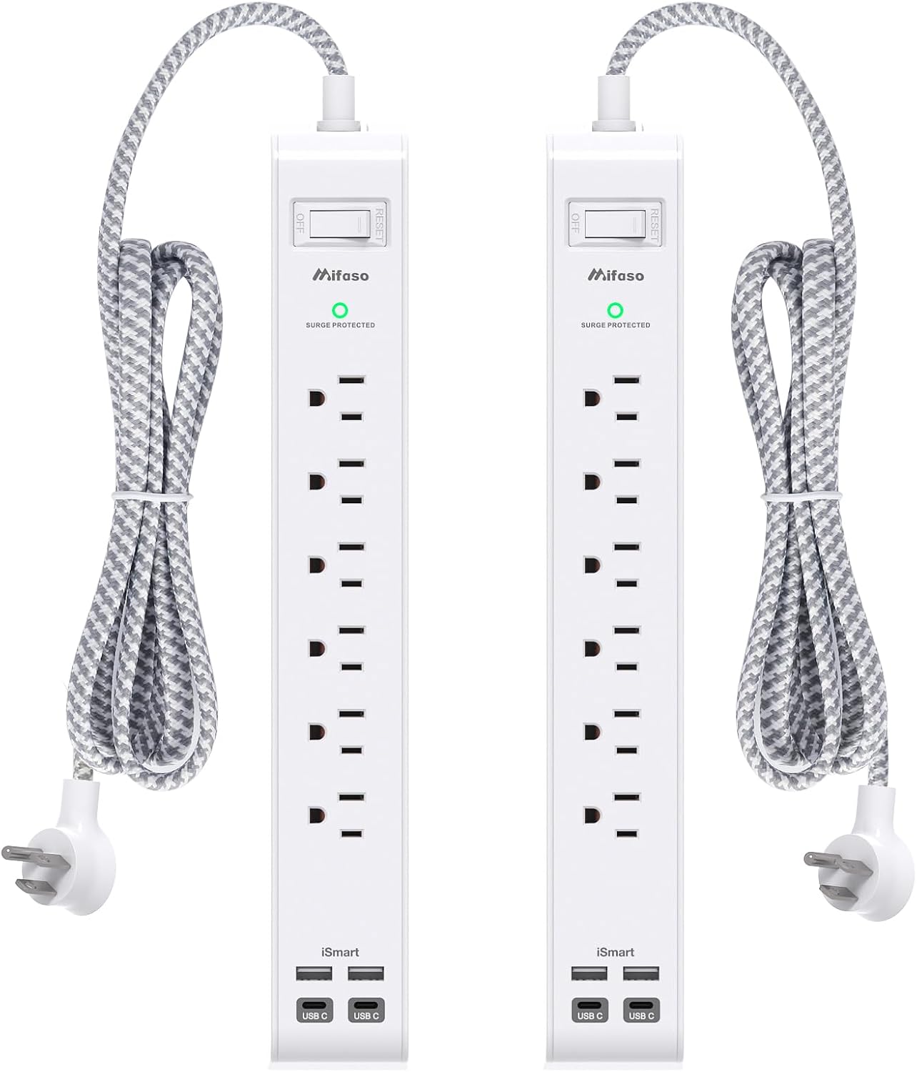 Mifaso 2 Pack Power Strip, 12FT Long Extension Cord, 1080J Surge Protector
