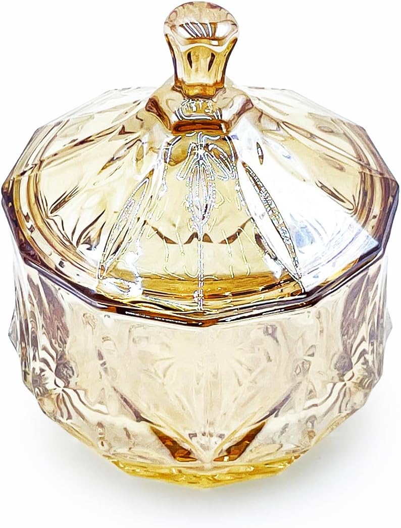 8oz Glass Candy Jar with Lid,Small Crystal Fall Candy Dish,Apothecary Jar for Cotton Balls Q Tips Small Accessories Office Bathroom Dining Room Organizer (Amber)