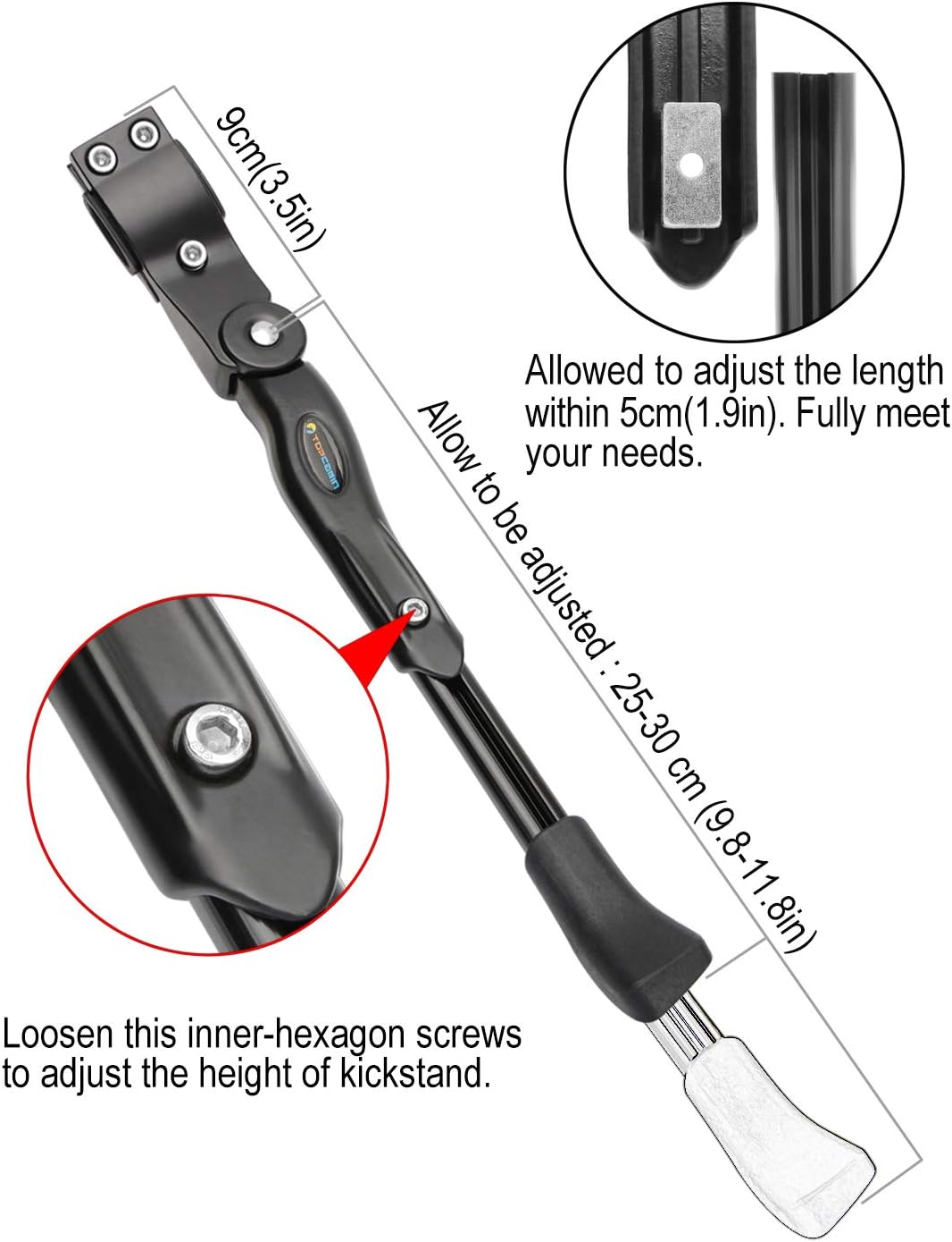 TOPCABIN Bike Kickstand Adjustable Aluminium Alloy Bicycle Kickstand Bike Side Kickstand Fit for 22" 24" 26" 28" Mountain Bike Road cycling/BMX/MTB (Black for 22-24-26-27-28 inch bike)
