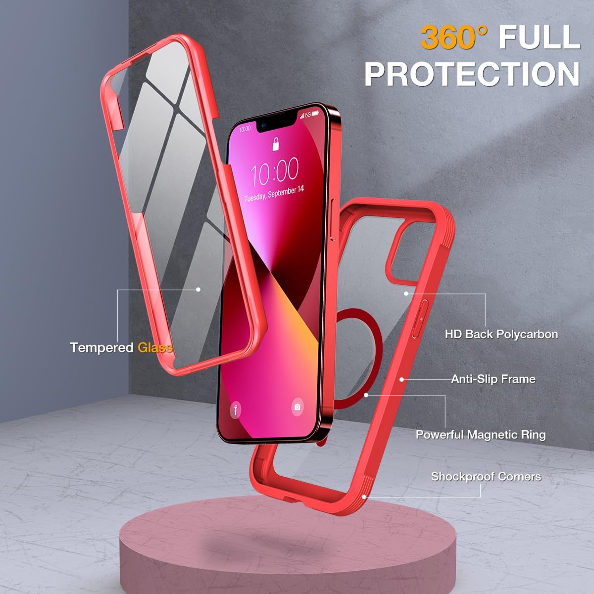 miracase for iPhone 13 mini Case 5.4",Built-in Glass Screen Protector,Red