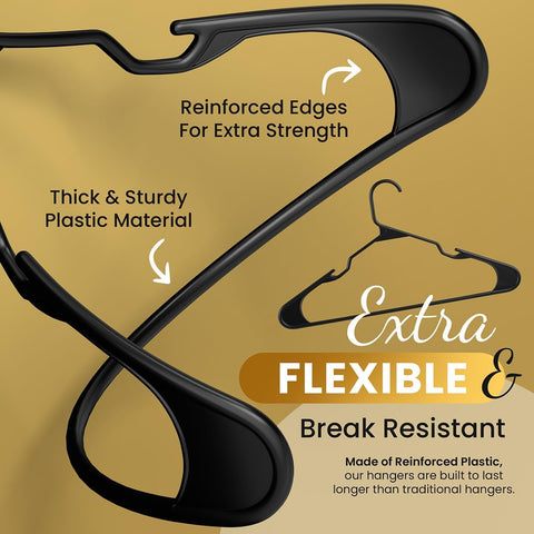 Our Modern Space 100 Pack Adult Plastic Hanger for Shirt Pants Coats Dresses Skirts Suits Jackets - Standard Thick Coat Hanger - Sturdy & Durable Design with Shoulder Grooves Hook - Black