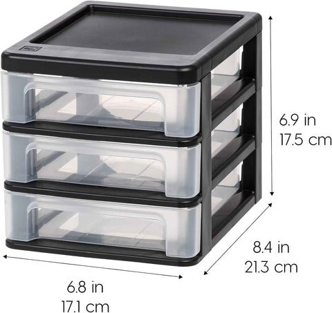 IRIS USA 4-Pack, 3-Drawer Small Plastic Stacking Desktop Organizer, Black | Keep dorm desks tidy with drawers for school supplies, makeup, chargers, snacks and everyday college essentials