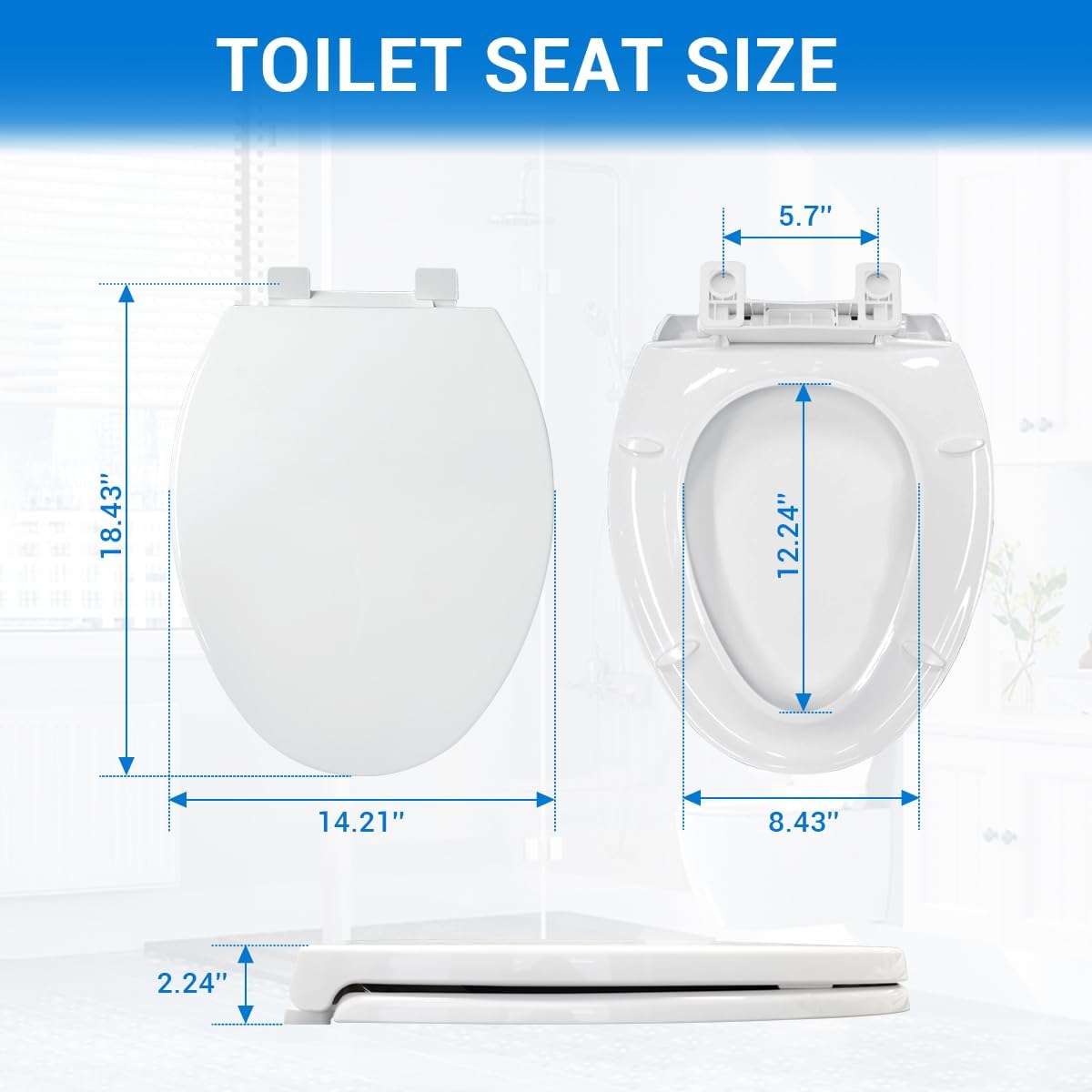 Elongated Toilet Seat 18.5", Soft Close, Never-Loosen Design, White Plastic