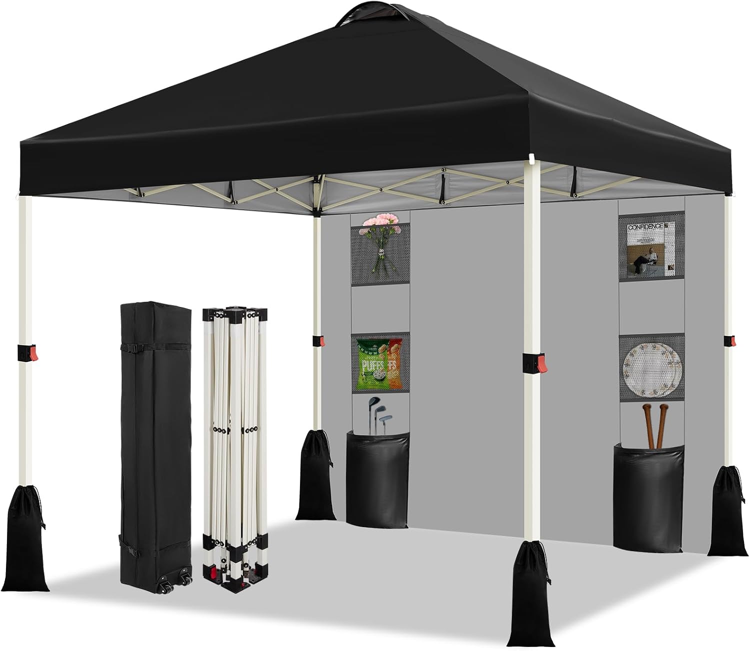 WEIZE 10x10 Pop Up Canopy Tent, 1-Button Push Setup Canopy Tent with 1 Sidewall, Adjustable Height Instant Portable Shelter,Portable Roller Bag, Easy Outdoor Sun Shade for Events,4 Weight Bags,Black