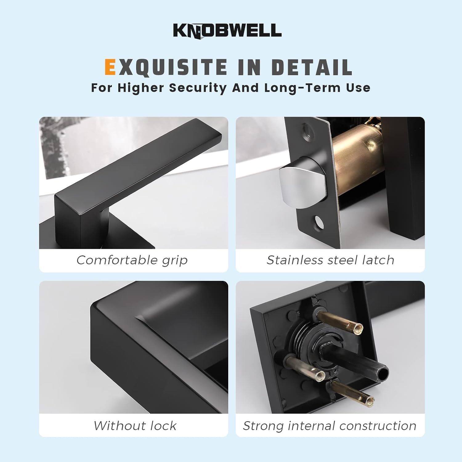 KNOBWELL 2 Pack Premium Matte Black Closet Door Handles Passage Function Heavy Duty Lever Door Handle, Door Handles for Left or Right Handing, Interior Door Handle