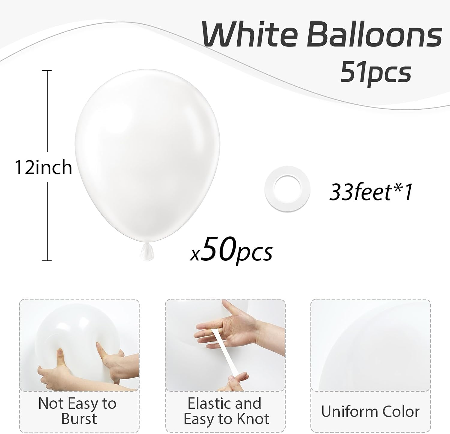 White Balloons 12 inch, White Latex 50pcs Party Balloons