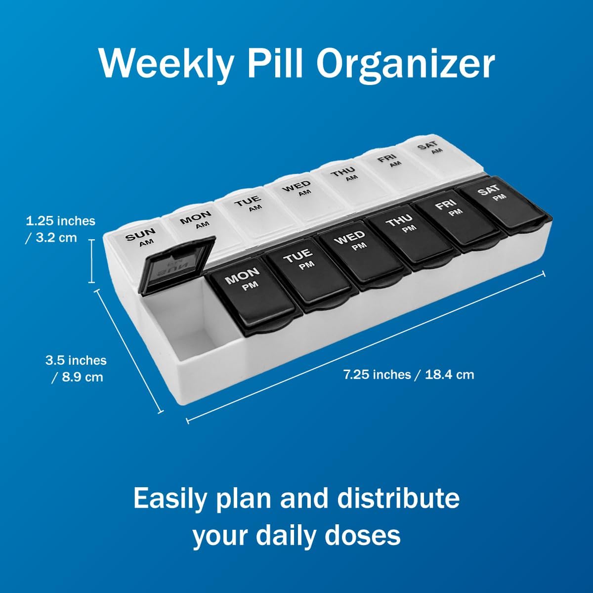 Amazon Basic Care 7-Day AM/PM Pill Organizer, Vitamin Case and Medicine Box with Large Compartments, 2 Times a Day, Black and Clear Lids (Pack of 2)