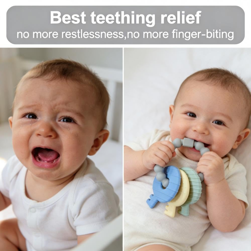 Baby Teether Keys,Teething Keys Toys for 3 to 18 Months Infants Toddler Sensory Chew Toys BPA-Free Toy for Baby Teething Relief(Grey)