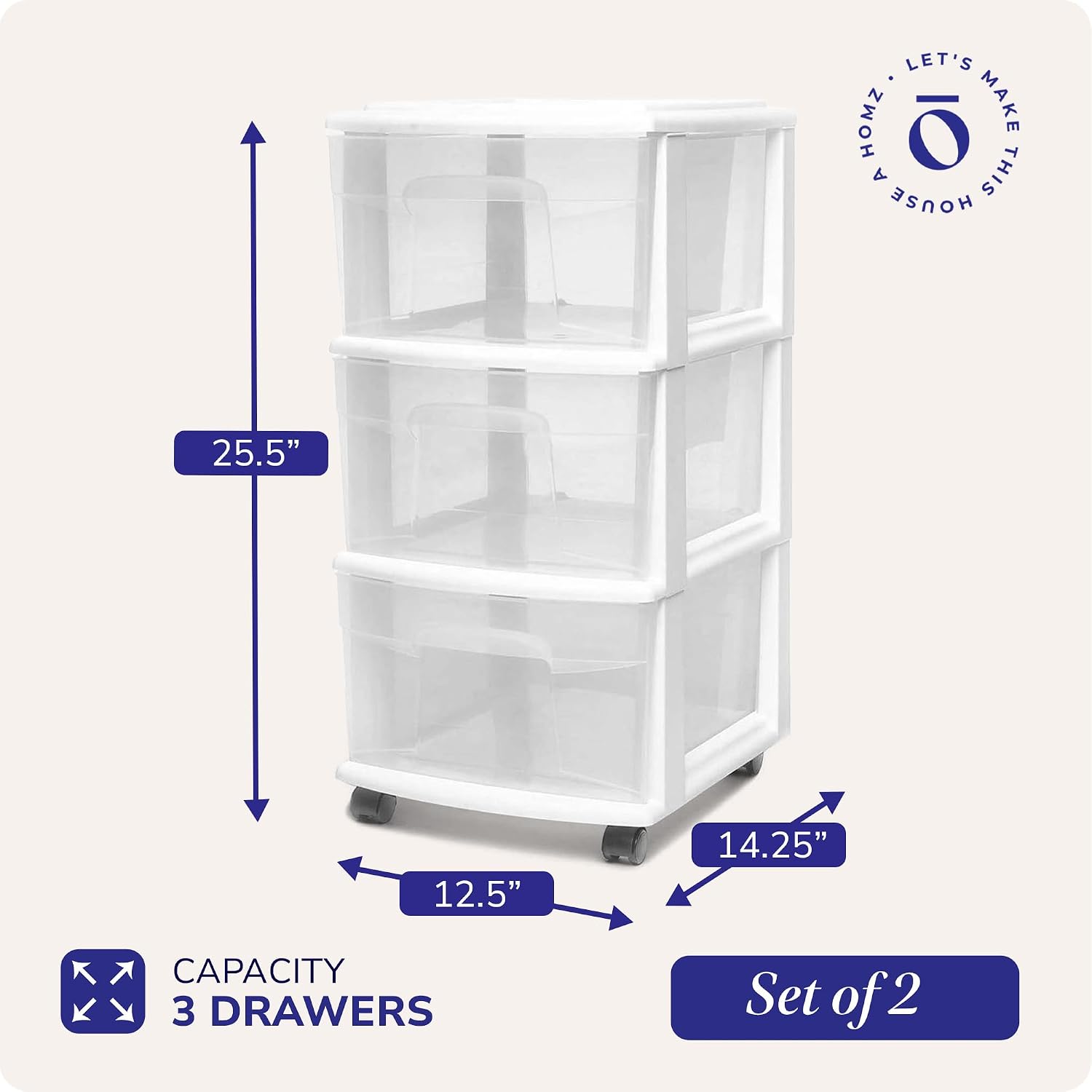 HOMZ Drawer Tower 3-Tier Storage Cart, Removable Wheels, White Frame,2 Pack