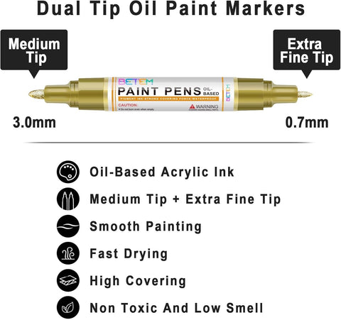 Betem 4 Gold Silver Oil Based Paint Pens, Permanent Fabric Paint Markers