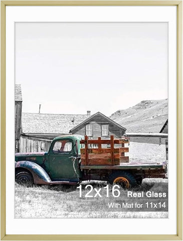 Golden State Art 12x16 Gold Aluminum Frame, Real Glass, Mat Fits 11x14