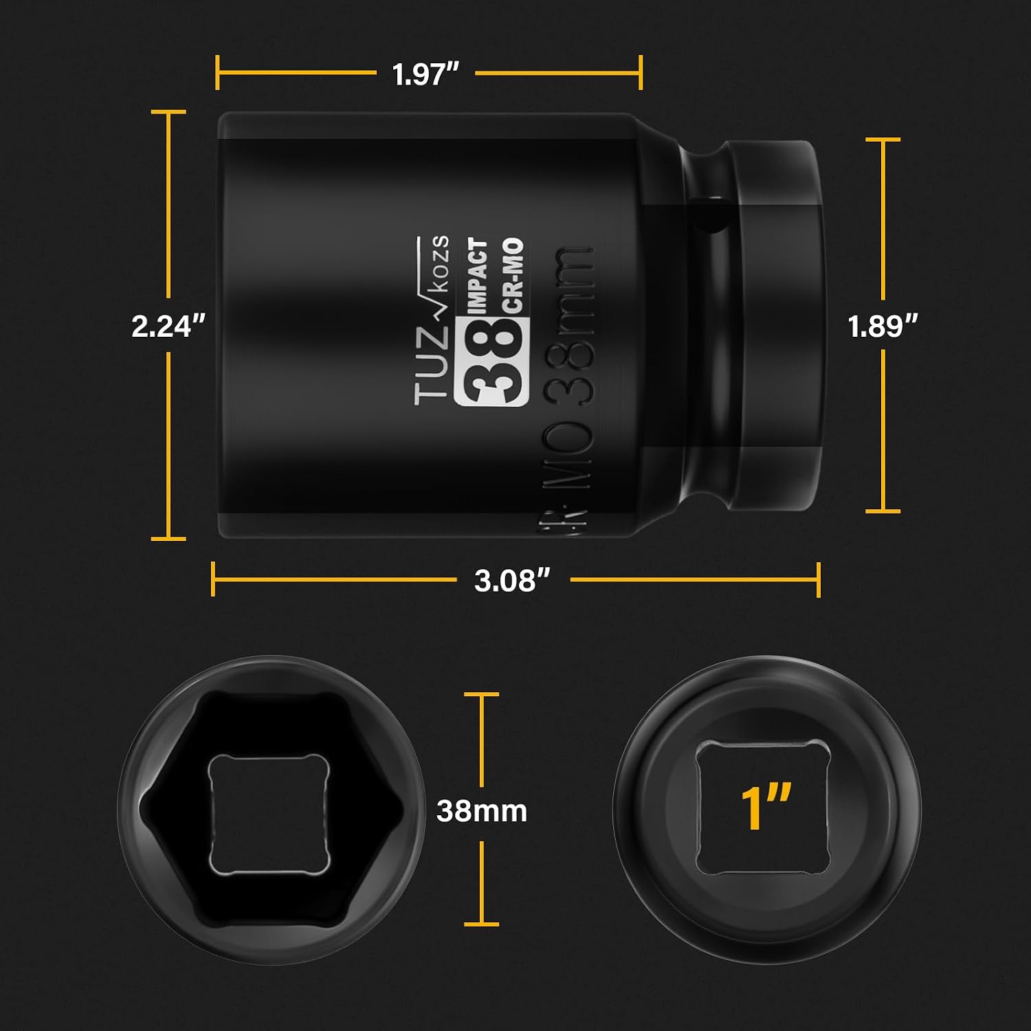 1 Inch Drive 38mm Deep Metric 6 Point CR-MO Impact Socket