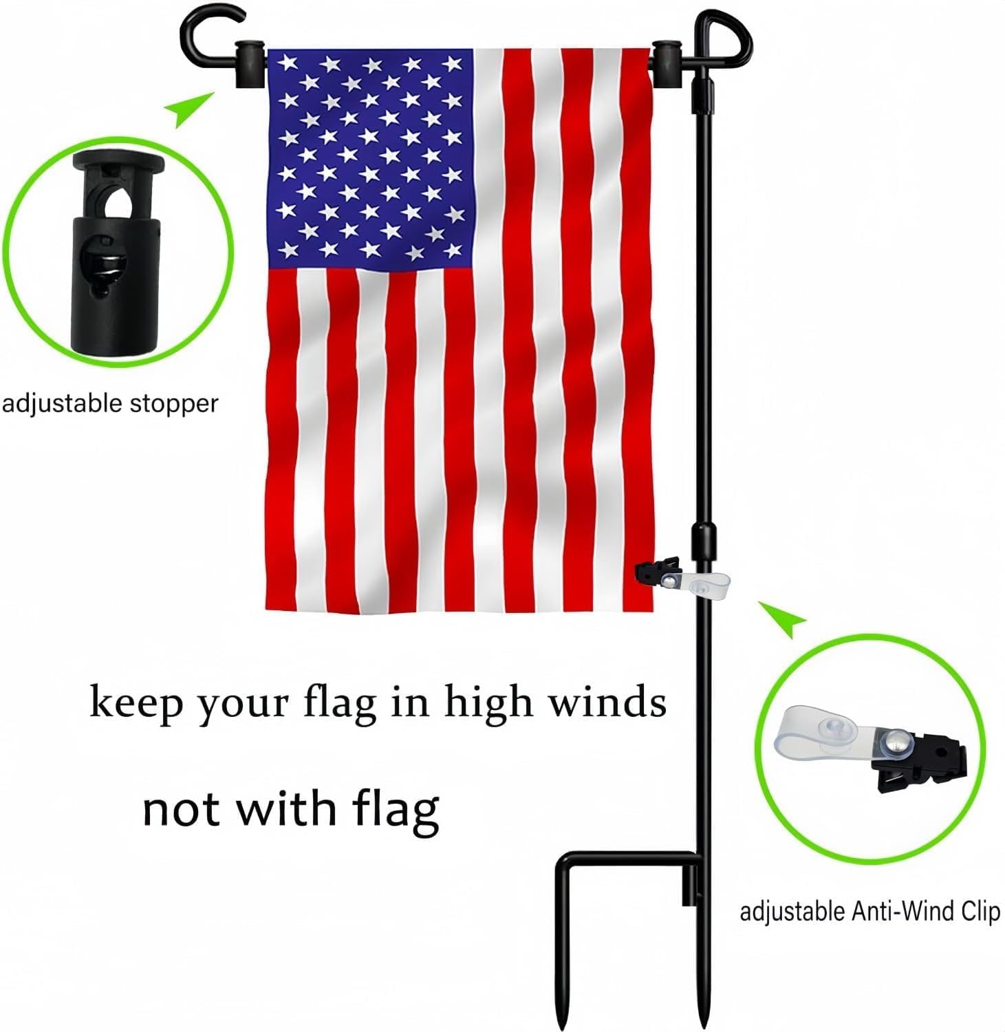 Garden Flag Pole Stand Holder, 2 Pack Garden Flags for Outside with Flag Stopper and Clip Waterproof Powder-Coated Paint