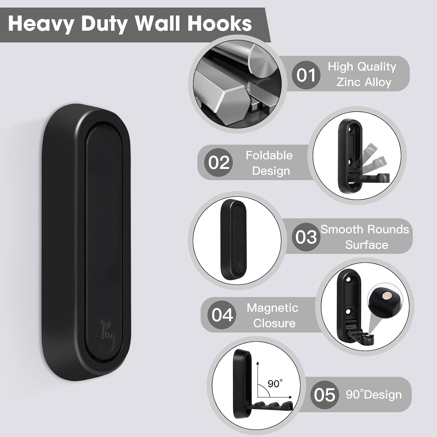 Dntorx Folding Wall Hooks, 6 Pack, Black, Zinc Alloy, Heavy Duty Coat Hooks
