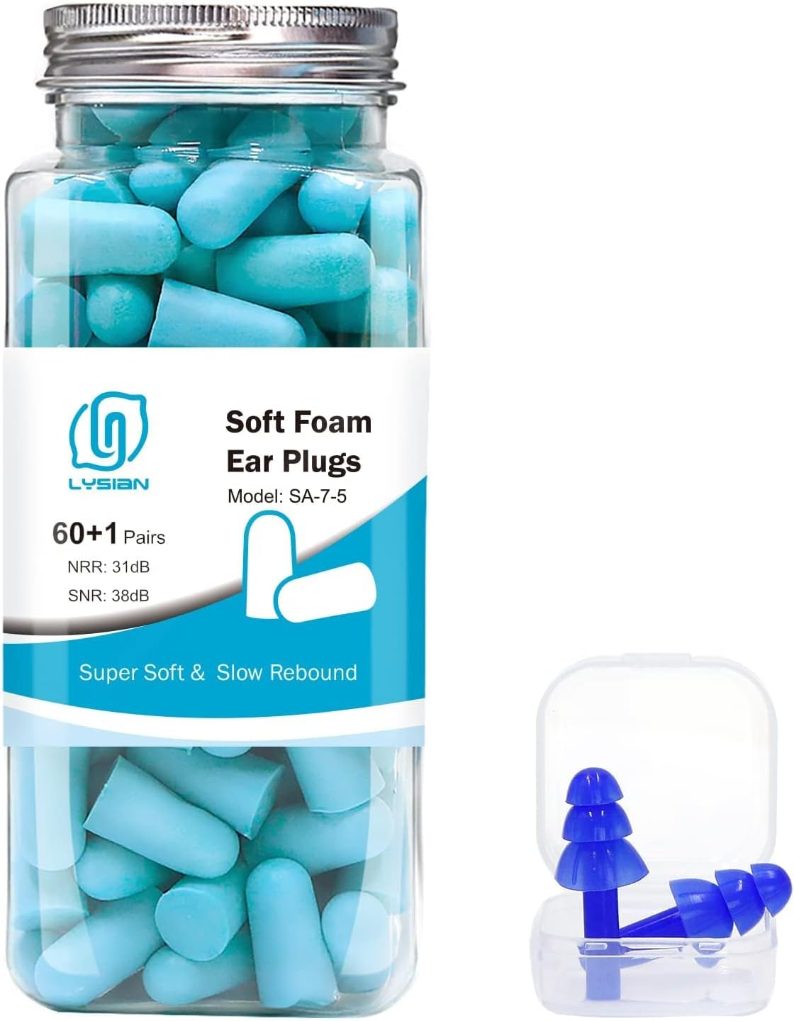 LYSIAN Soft Foam Ear Plugs for Sleeping, 60 Pairs, 38dB SNR, Lake Blue
