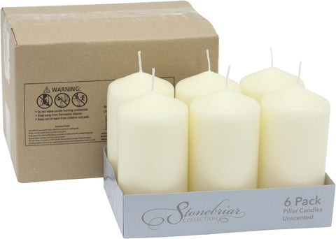 Stonebriar Unscented Pillar Candles – 65 Hour Burn Time, Long-Lasting Wax Candles for Weddings, Holidays, Home Décor & Special Events, Pack of 6, Ivory, 3" x 6"