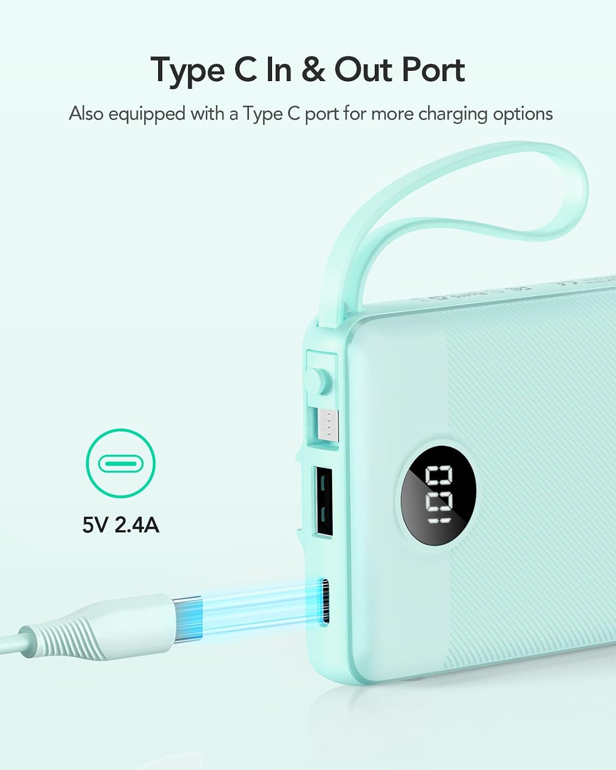 VRURC Portable Charger, Slim Power Bank Built-in 4 Cables, Travel Essential