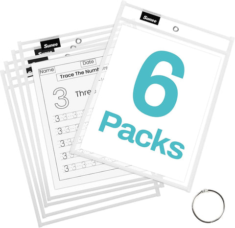 SUNEE 6 Packs Oversized Reusable Dry Erase Pocket Sleeves with Ring, White 10x14 Ticket Holders, Clear Plastic Sheet Protectors, Teacher School Classroom Supplies