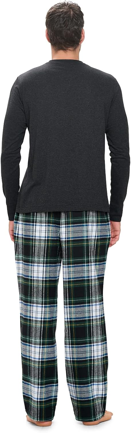 Ashford & Brooks Mens Flannel Pajamas Set, Jersey Cotton Long Sleeve Top & Plaid Pants Flannel Pjs Sets