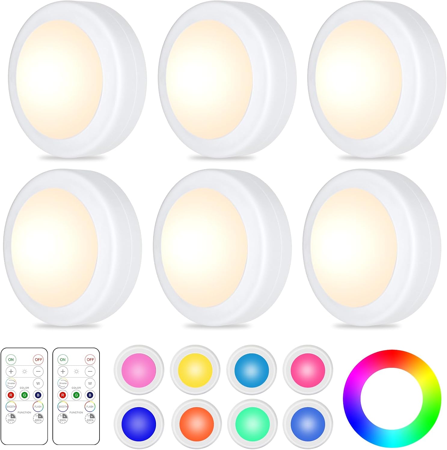 Yiliaw 6 Pack LED Puck Lights Remote Control 16 Color Changeable Under Cabinet Lights, Battery Operated Lights Night Light with Dimmer & Timmer for Closet Bedroom Kitchen, White