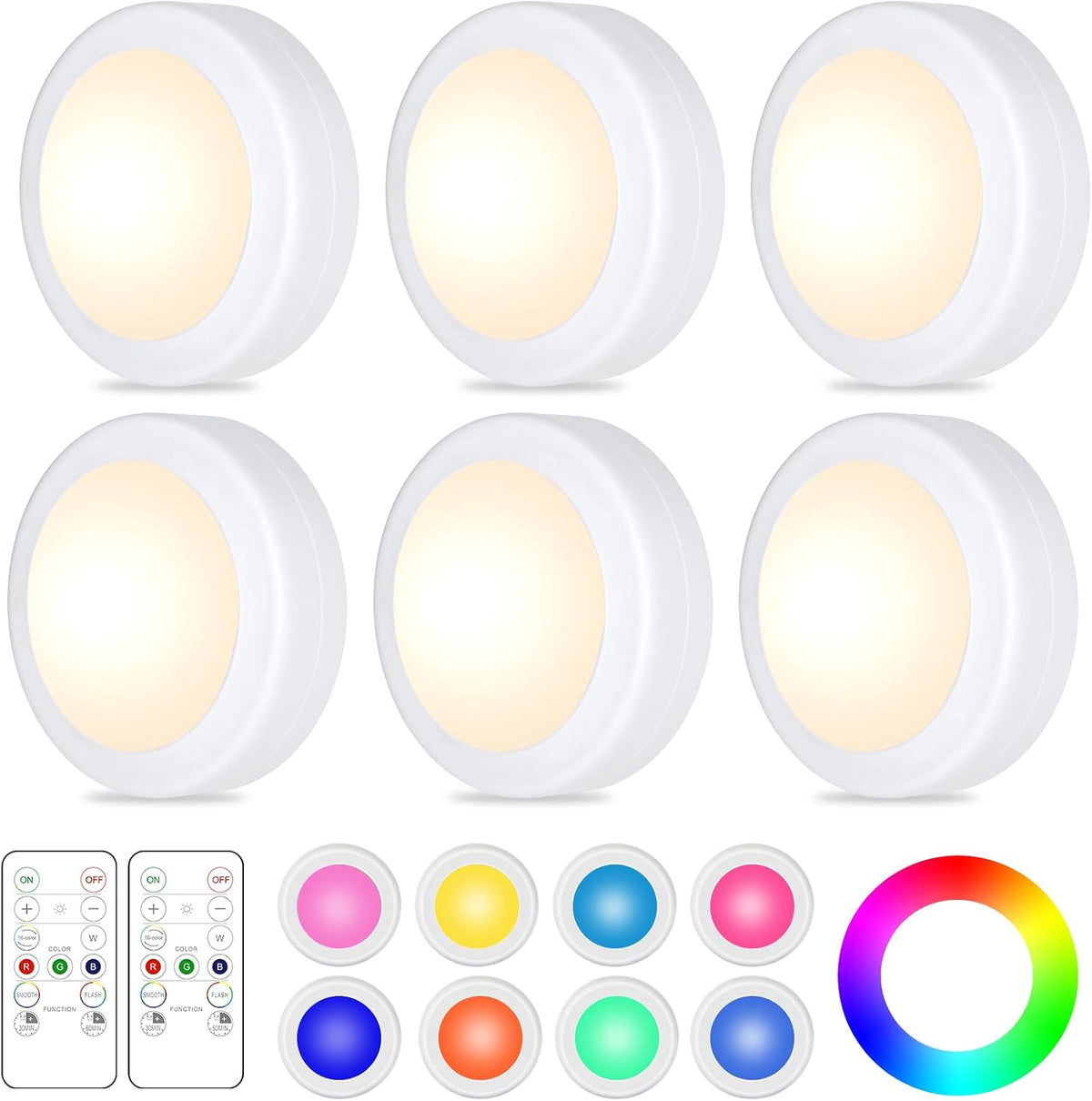 Yiliaw 6 Pack LED Puck Lights Remote Control 16 Color Changeable Under Cabinet Lights, Battery Operated Lights Night Light with Dimmer & Timmer for Closet Bedroom Kitchen, White