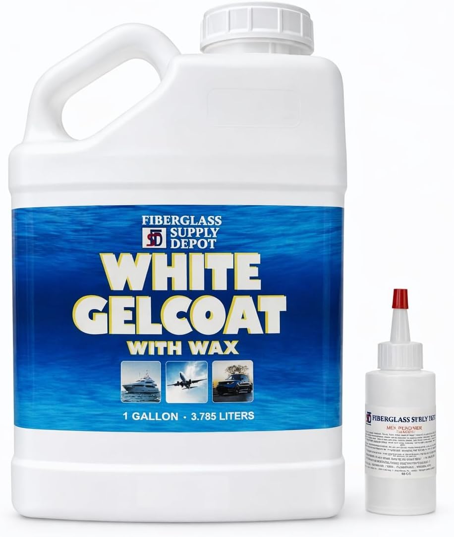 Fiberglass Supply Depot White Gelcoat with Wax – UV-Resistant Marine Gelcoat for Interior & Exterior Use – Gallon Kit with 60cc MEKP Hardener