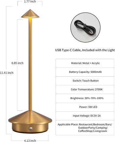 Modern Cordless Table Lamp Set of 2, Gold Portable LED Desk Lamps