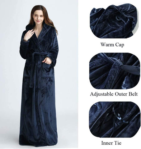 Hellomamma Long Hooded Robe for Women Luxurious Flannel Fleece Full Length Bathrobe Winter Warm Pajamas Shower Nightgown