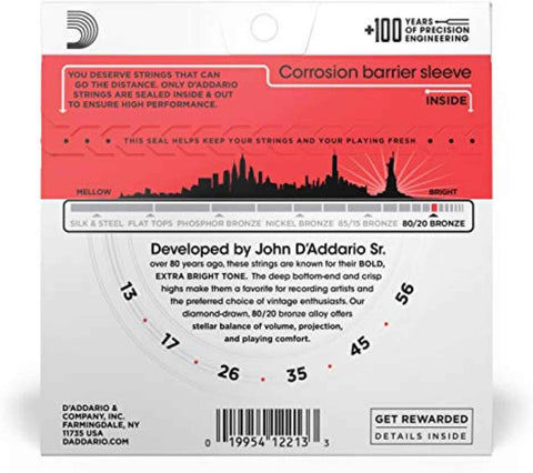 D'Addario EJ12 80/20 Bronze Acoustic Guitar Strings, Medium 13-56