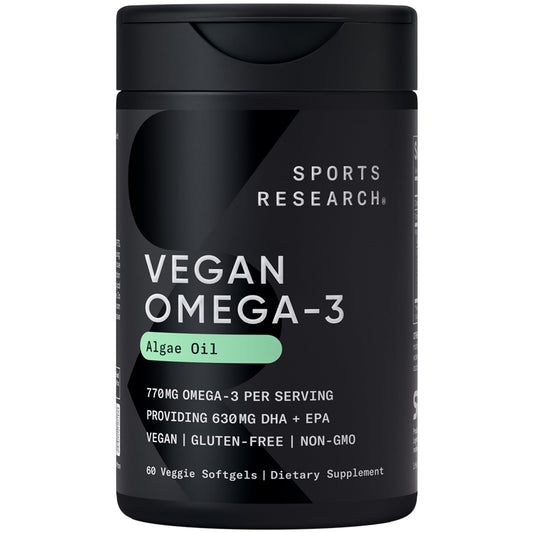 Sports Research Vegan Omega-3 Fish Oil from Algae Oil - High Levels DHA & EPA Fatty Acids | Non-GMO & Vegan Certified - 60 Softgels (Carrageenan Free)