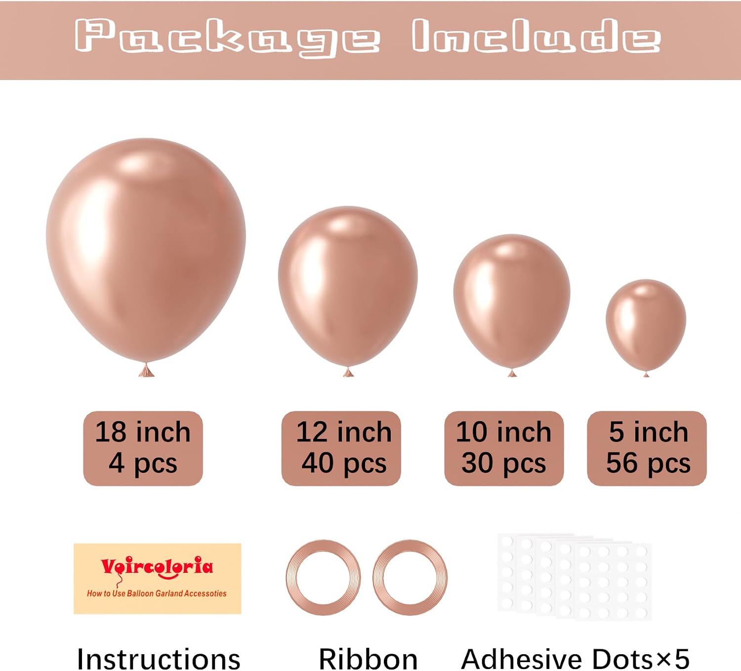 Voircoloria 130pcs Rose Gold Balloons Garland Arch Kit, 18 12 10 5 Inch