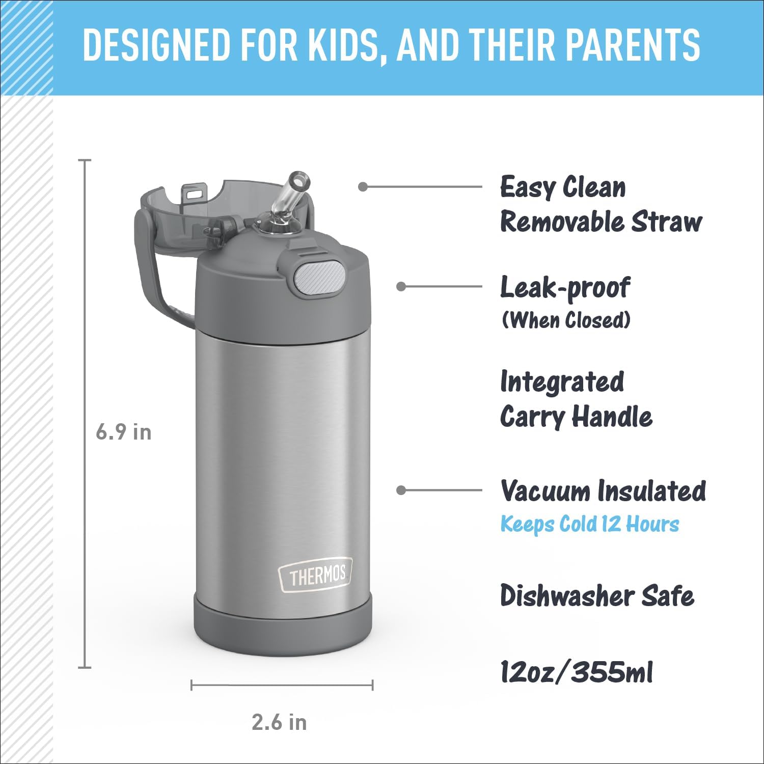 THERMOS FUNTAINER Water Bottle with Straw, 12oz, Grey