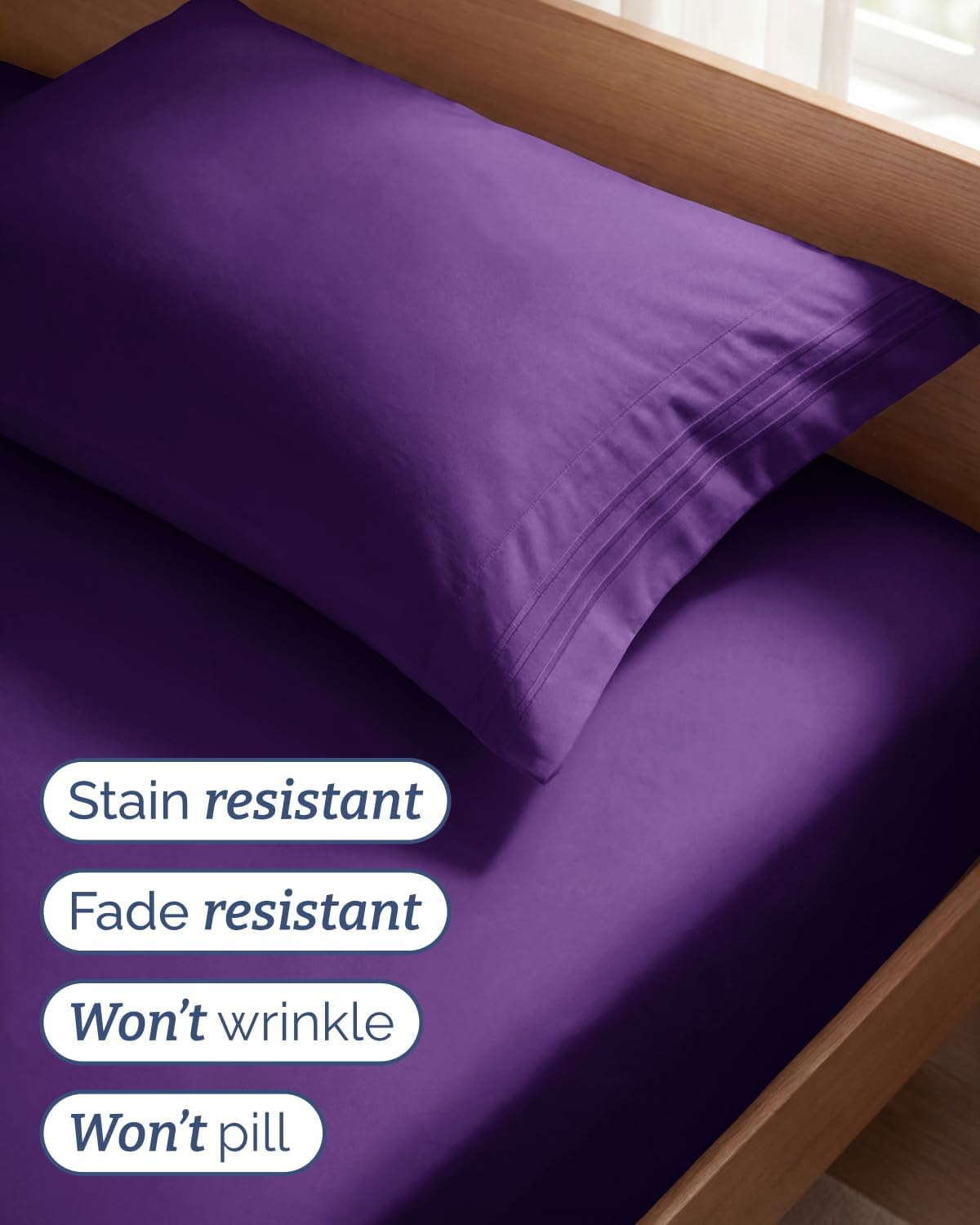 Twin Size 3 Piece Sheet Set - Comfy Breathable & Cooling Sheets - Purple