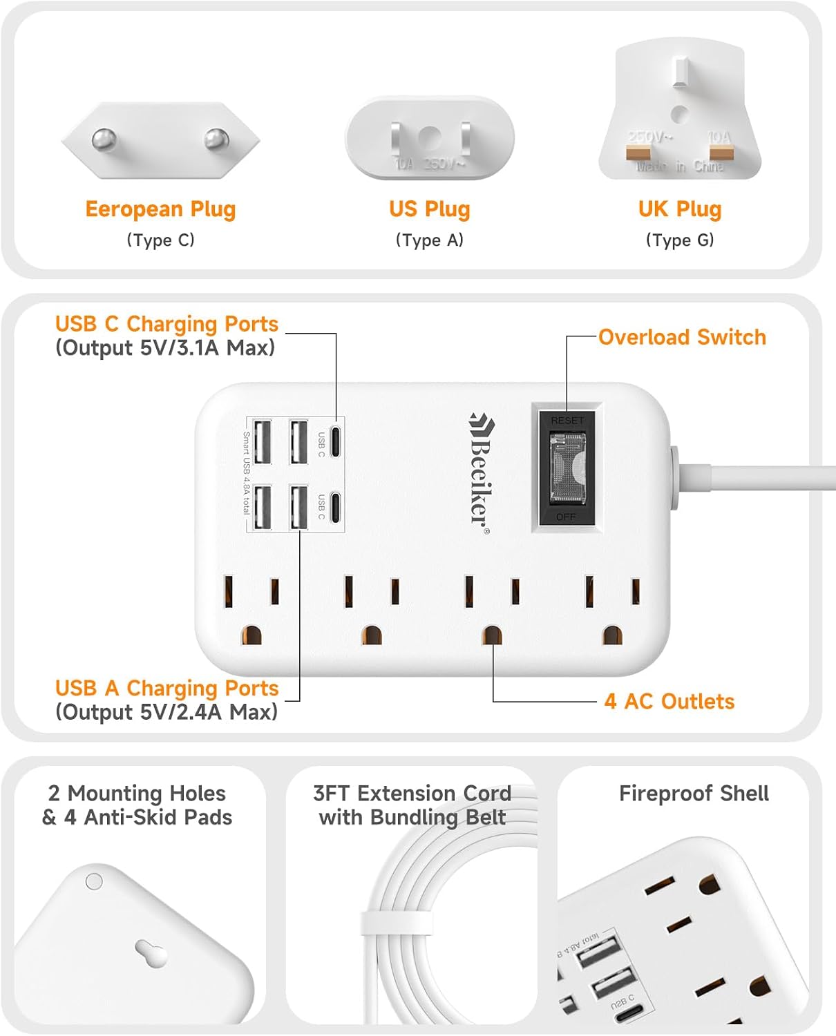 European Travel Plug Adapter, US to Europe Power Strip,6 USB,4 Outlets,3ft
