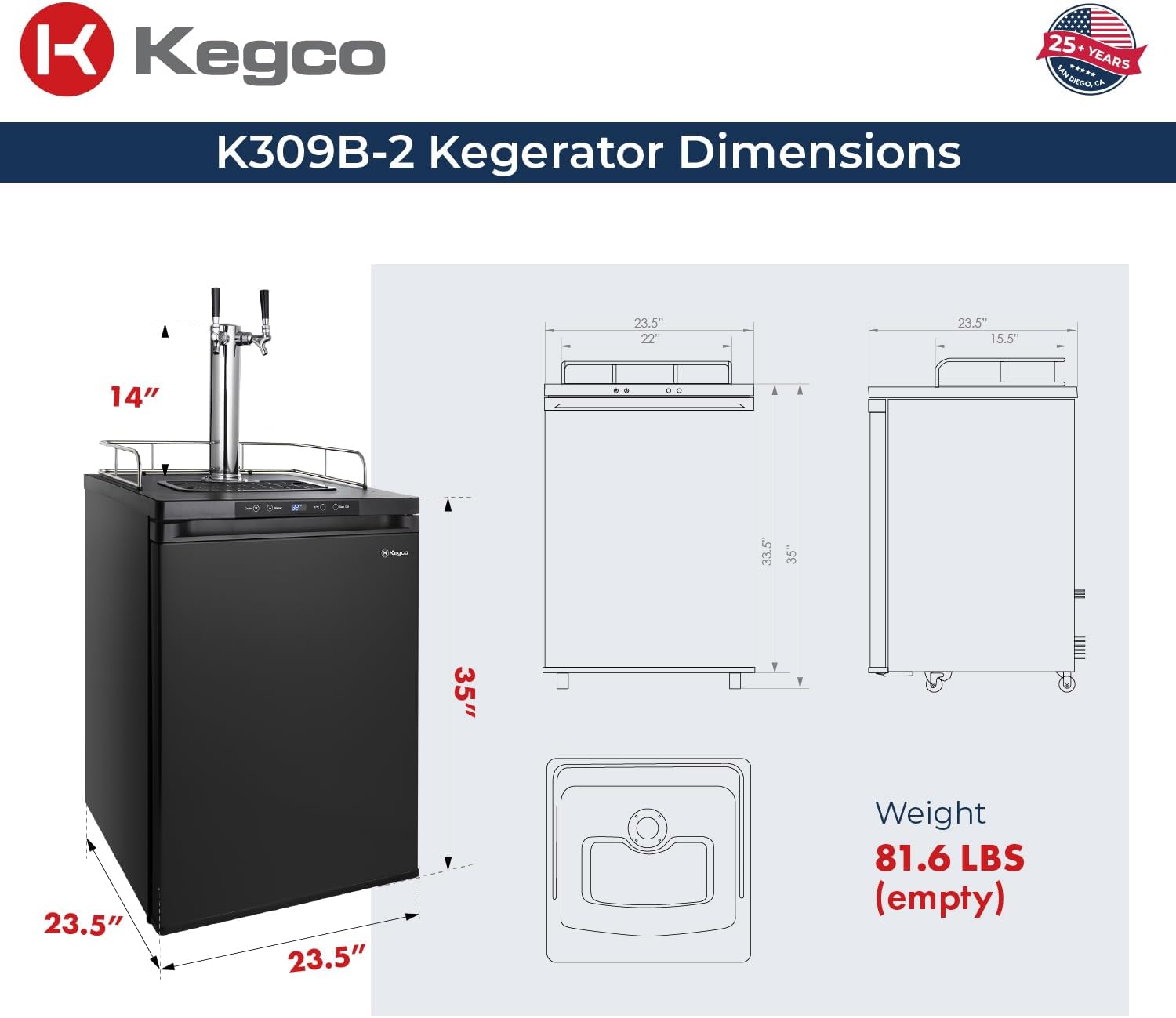 Kegco K309B-2 Double Faucet Digital Black Kegerator