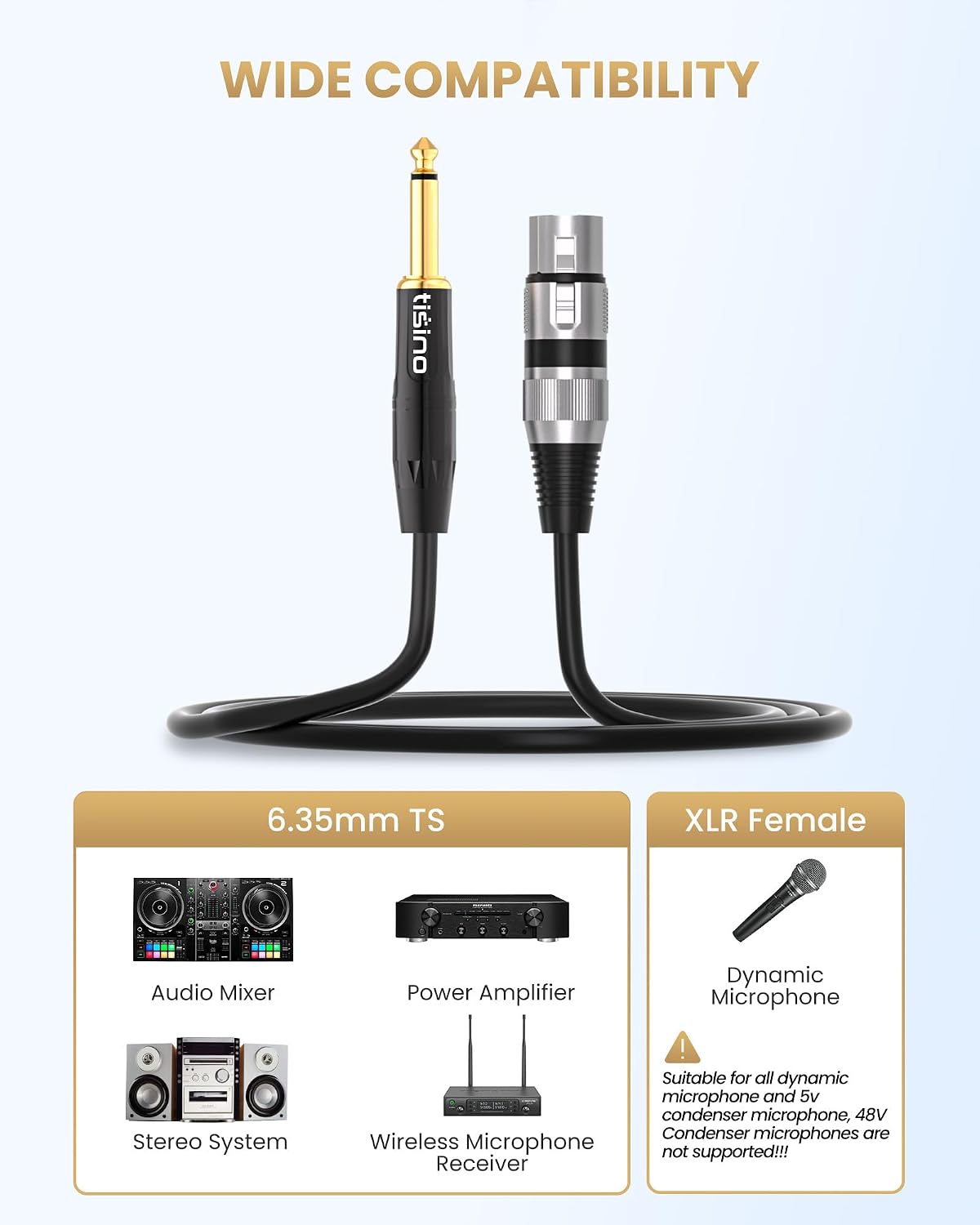 Tisino Female XLR to 1/4 (6.35mm) TS Mono Jack Unbalanced Microphone Cable Mic Cord for Dynamic Microphone - 16 FT/5 Meters