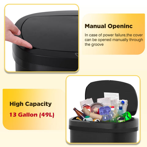 BestOffice | 13 Gallon Plastic Trash Can with Lid | Dark Black