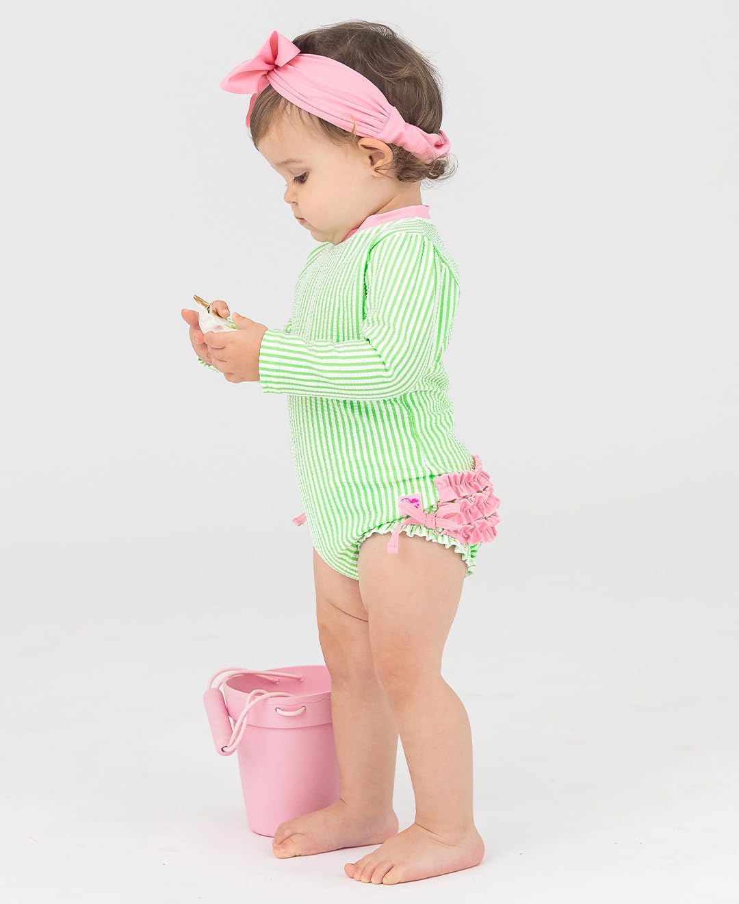RuffleButts Baby Girls Seersucker Rash Guard - One Piece Swimsuit UPF 50+