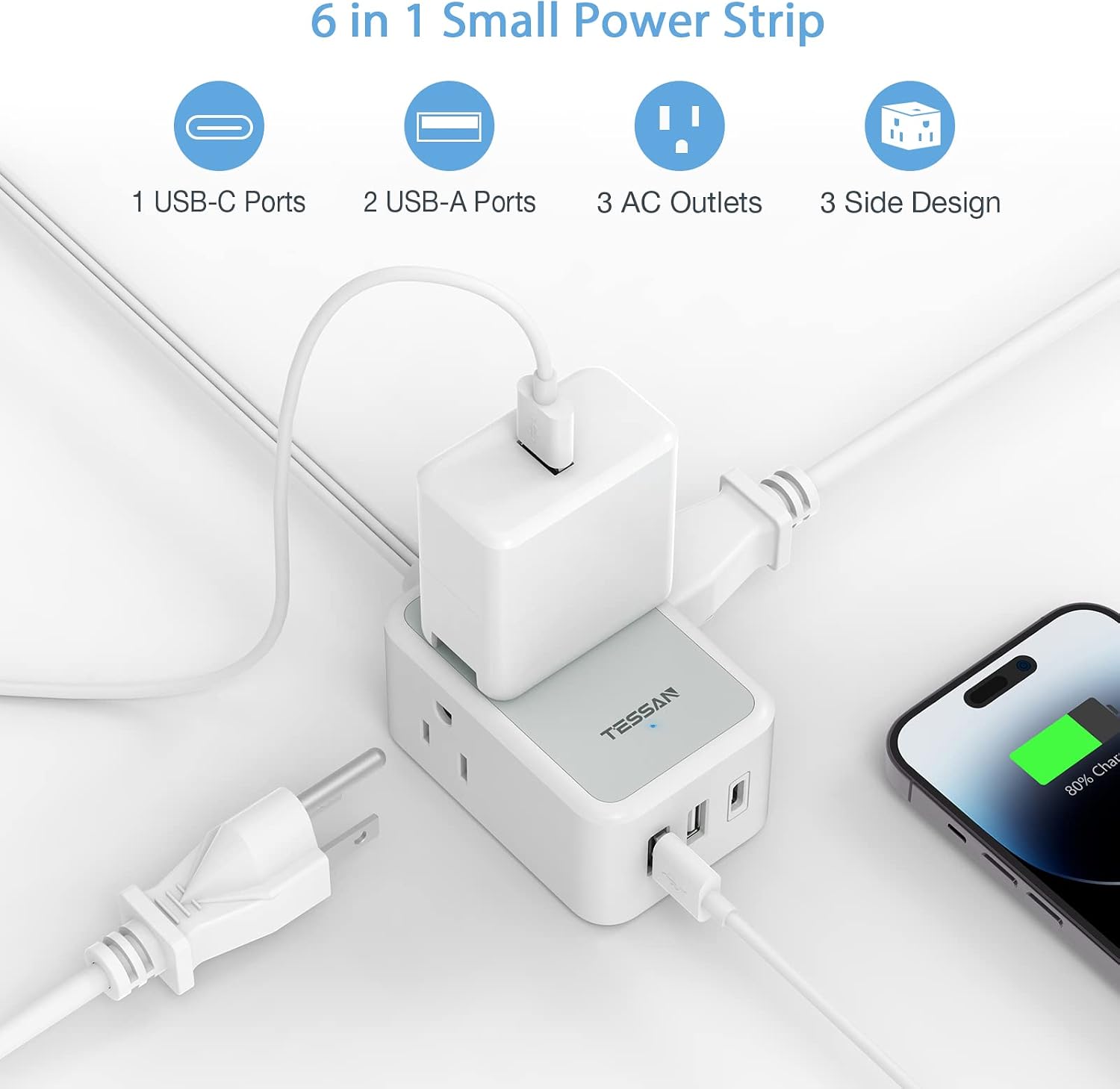 TESSAN Small Flat Plug Power Strip, Ultra Thin Extension Cord 5 ft, Grey (Pack of 2)
