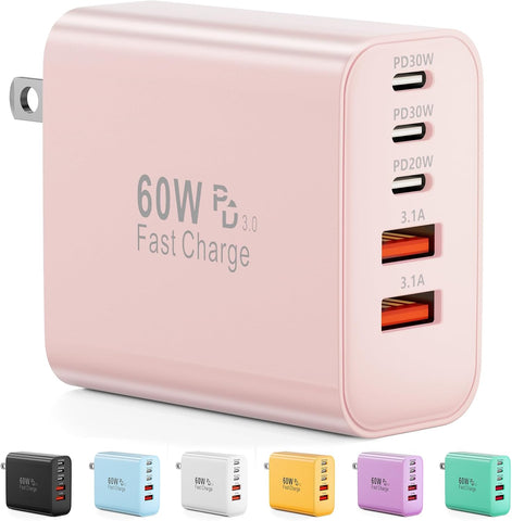 USB C Charger Block, 60W 5-Port Type C Charger Fast Charging Blocks