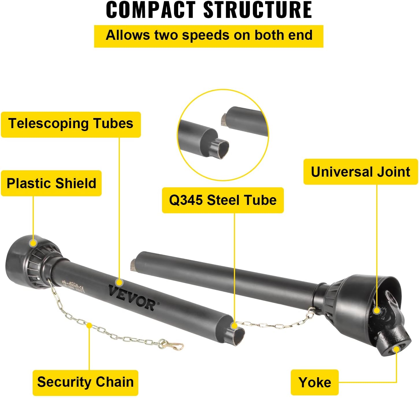 VEVOR PTO Shaft, 1-3/8" PTO Drive Shaft, 6 Spline Tractor End and Round Implement End PTO Driveline Shaft, Tractor PTO Shaft, 30"-39" Brush Hog PTO Shaft Black, for Finish Mower, Rotary Cutter