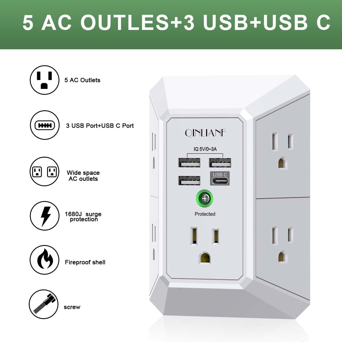 Wall Charger, Surge Protector, QINLIANF 5 Outlet Extender with 4 USB Ports
