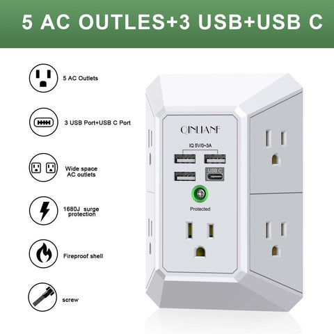 Wall Charger, Surge Protector, QINLIANF 5 Outlet Extender with 4 USB Ports