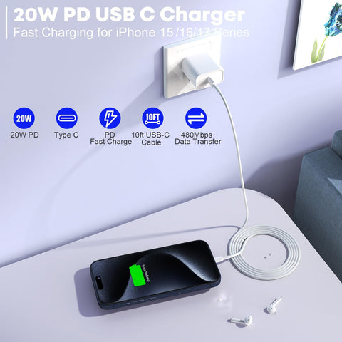 Fast Charger for iPhone 17/16/15 Charger,10FT Extra Long Fast Charging 3Pack Block USB-C to USB C Fast Charging Cable Cord for iPhone Air/17 Pro Max/iPhone 16 Pro/16 Plus/15 Pro Max,iPad Pro/Air/Mini