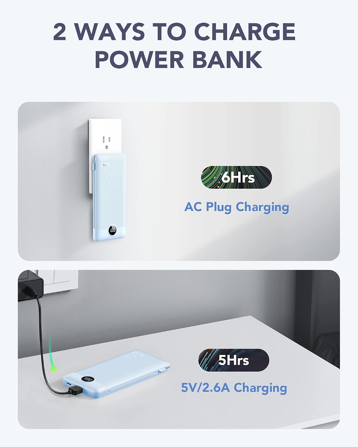 VRURC Portable Charger, Power Bank Built-in Cables and AC Wall Plug