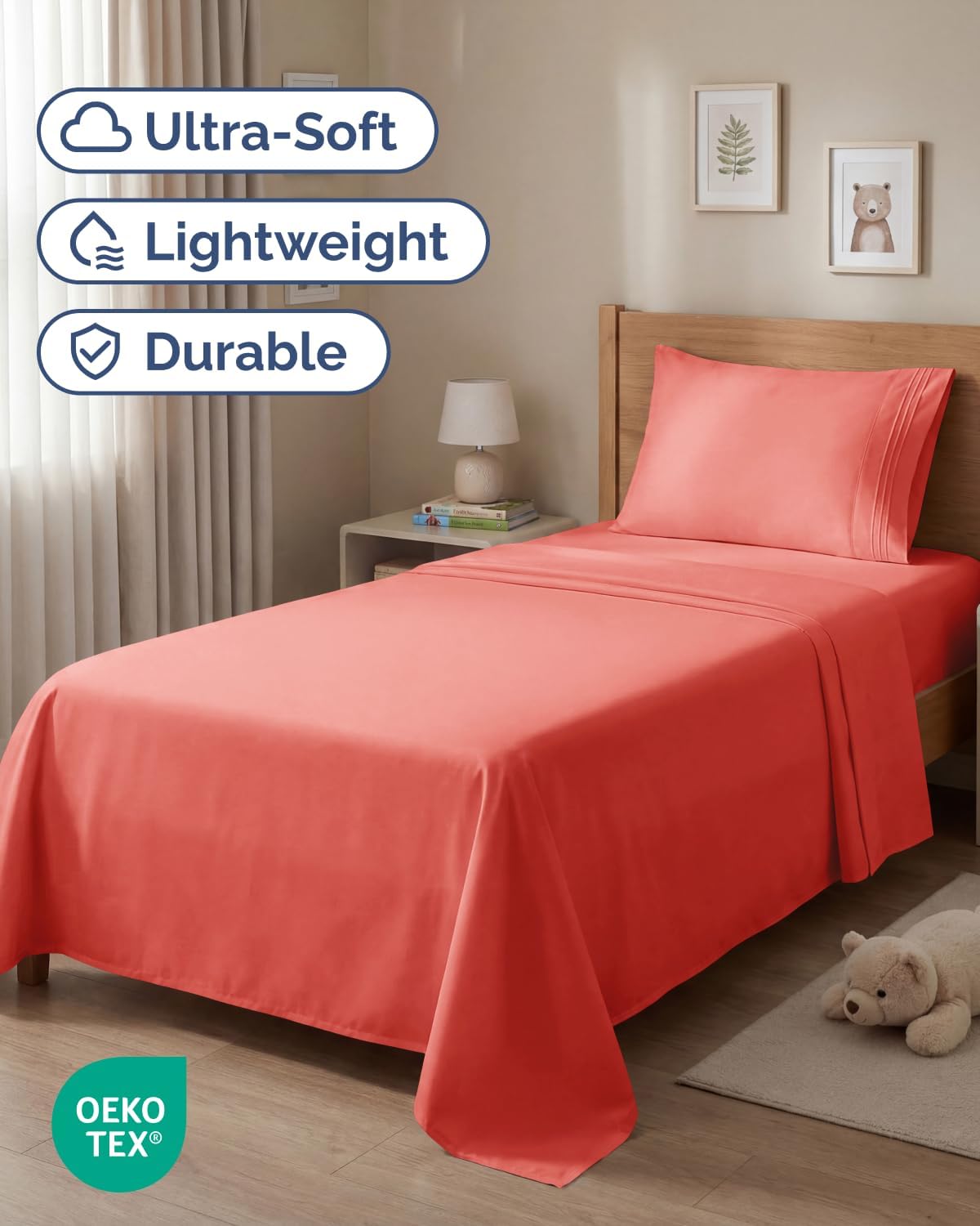 Twin Size 3 Piece Sheet Set - Comfy Breathable & Cooling Sheets - Coral